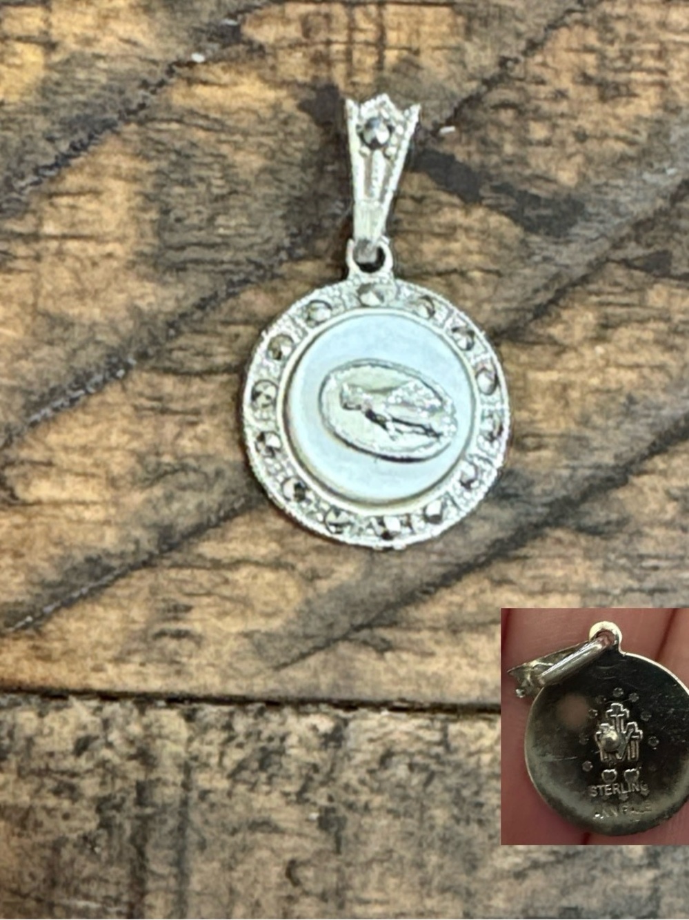 VINTAGE ANN GALE STERLING SILVER
MIRACULOUS VIRGIN MOTHER OF PEARL
MARCASITE